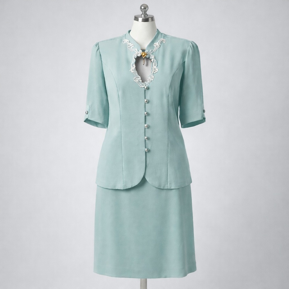 Vintage 80s Pastel Aqua Blue Skirt Suit Set